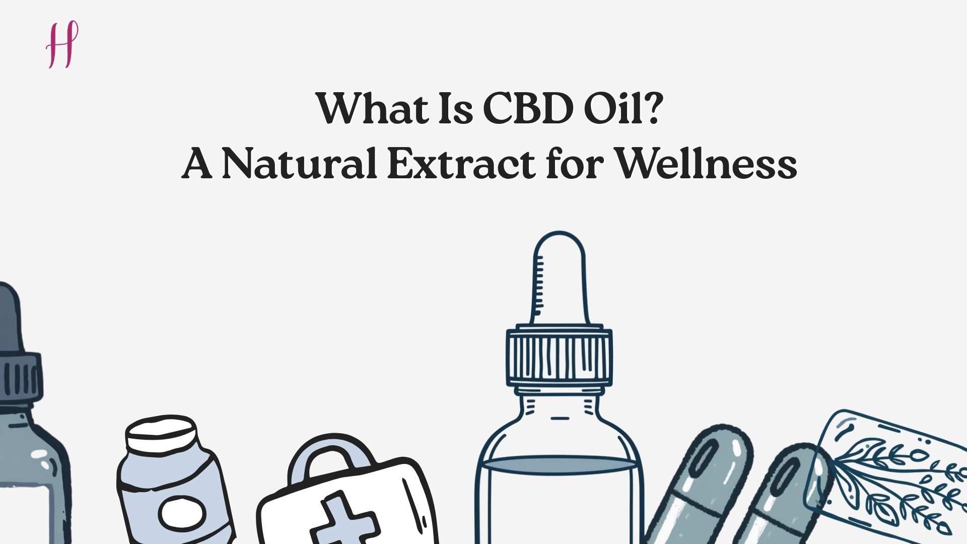 Line art of CBD oil bottles, pills, and wellness symbols.